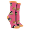 Shown on a leg form, a pair of Socksmith’s pink cotton women’s crew socks with various cats sitting in cardboard boxes