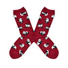 Shown in a flatlay, a pair of women's Socksmith cotton crew socks in red with an all over motif of little pandas rolling around.