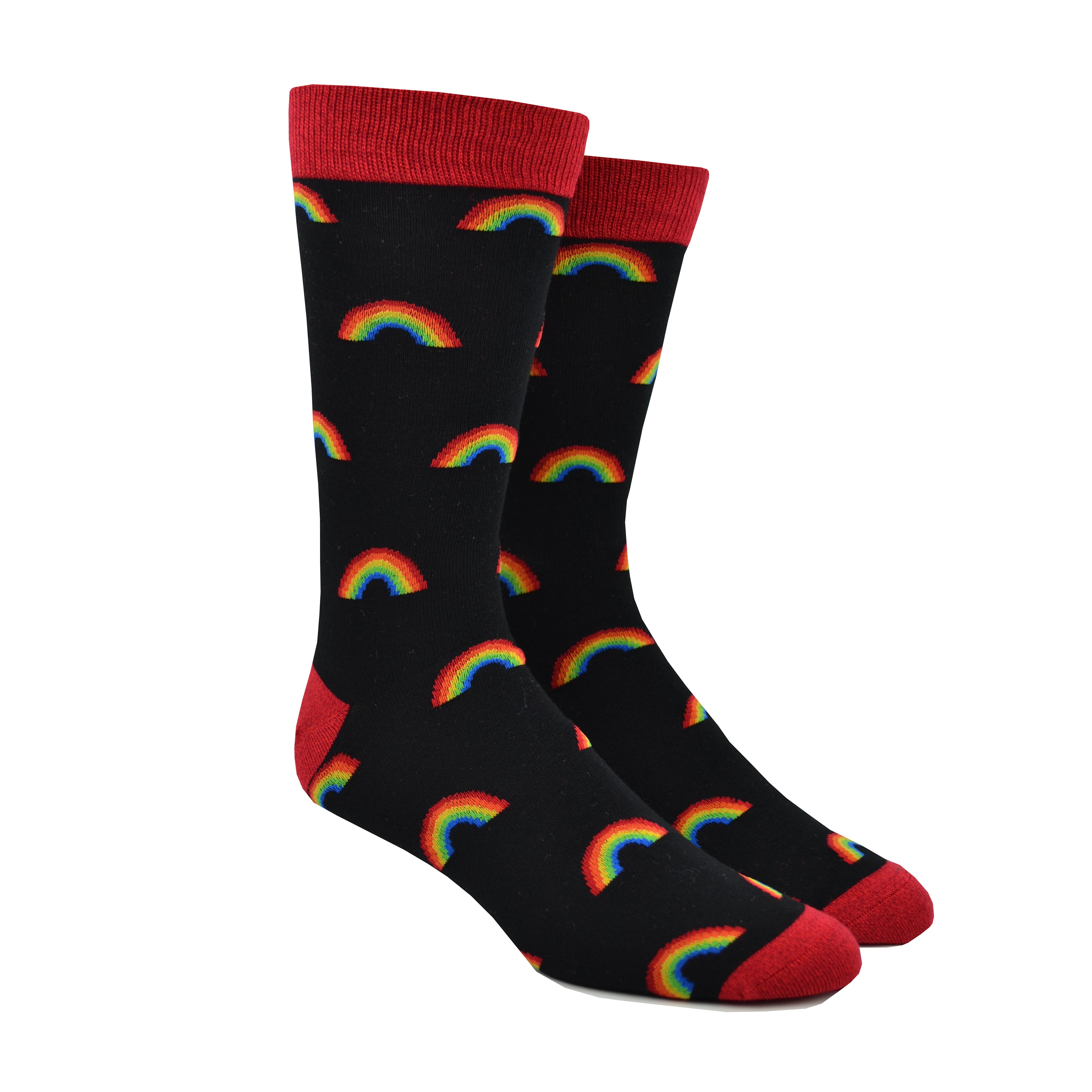 Shown on a foot form, a pair of Socksmith's bamboo men's crew socks in black with red cuff/heel and small rainbow print