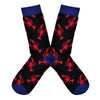 Shown in a flatlay, a pair of Socksmith's bamboo men's crew socks in black with red lobster print