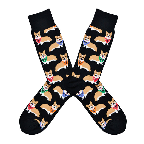 Welsh Corgis wearing bandanas around their neck cover this black cotton crew sock for men by Socksmith.