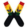 A rooster rests on a farm fence as the yellow sun rises in the background on this men's cotton crew sock by Socksmith. 