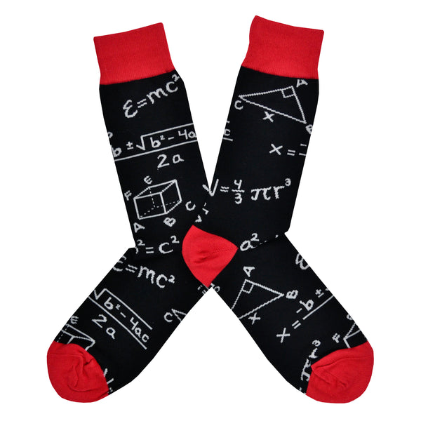 Various math equations like the quadratic formula and the theory of spacial relativity cover a men's black cotton crew sock by Socksmith while displayed as as two socks flat down.
