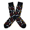 These black cotton men's crew socks by the brand Socksmith feature multi colored medicines, pill bottles, stethoscopes, and needles, making them the perfect gift for a doctor or nurse.