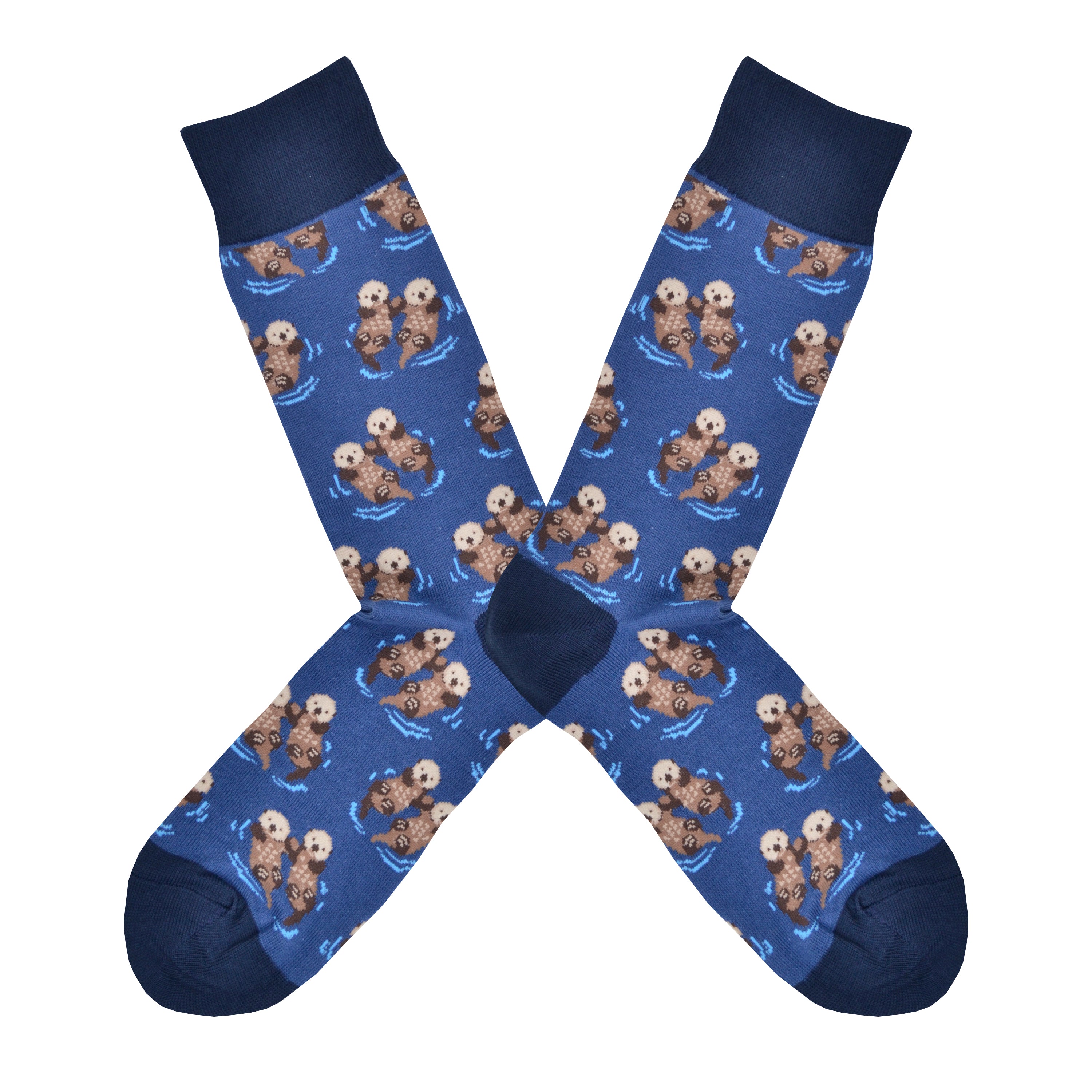 These blue cotton men's crew socks with a navy heel, toe and cuff by the brand Socksmith feature adorable otters floating in the ocean holding hands.