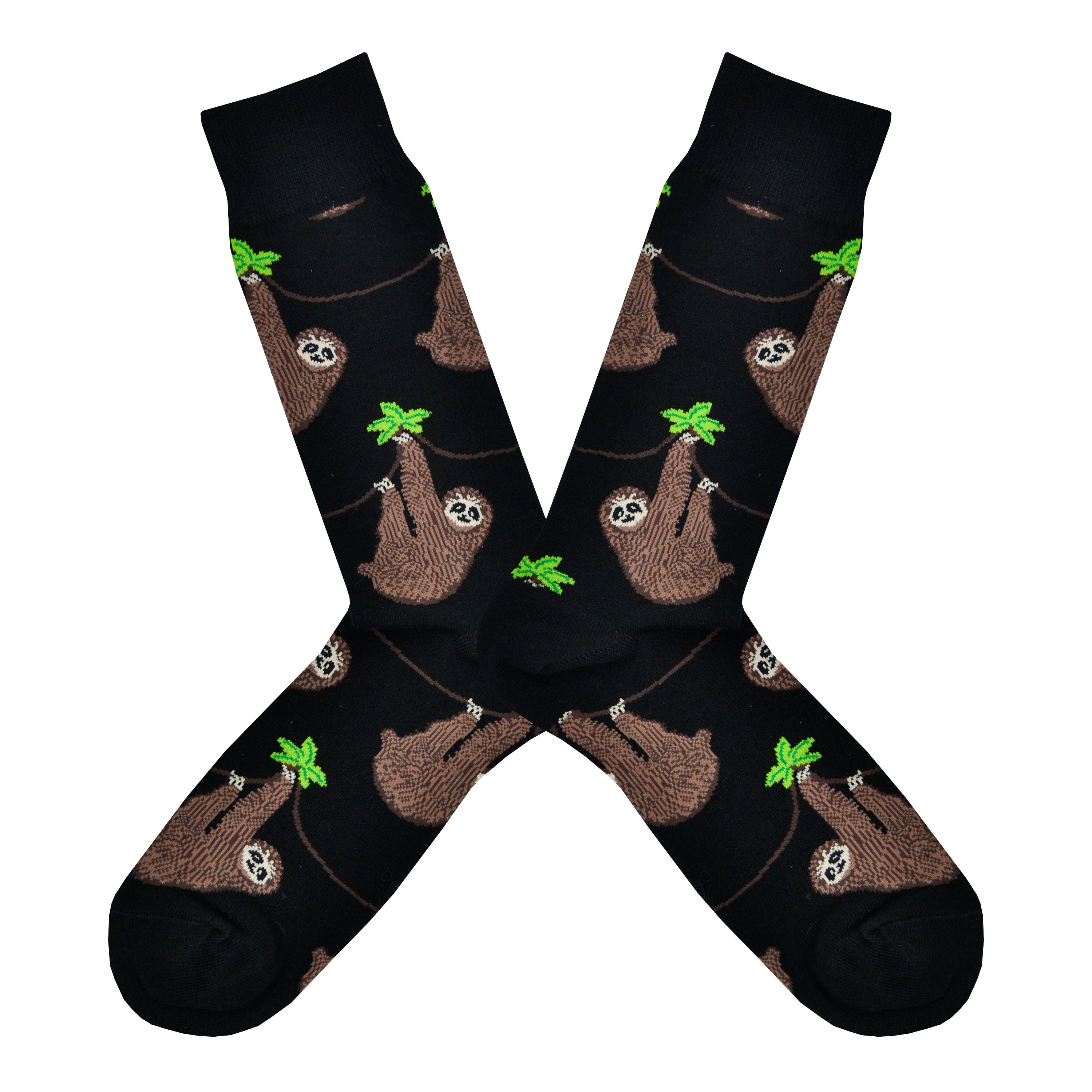 Shown in a flatlay, a pair of Socksmith's black cotton men's crew socks with chill sloths hanging from vibes