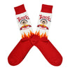 The Tapatio hot sauce logo is shown on a white background with flame accents on this men's cotton crew sock by Socksmith. 