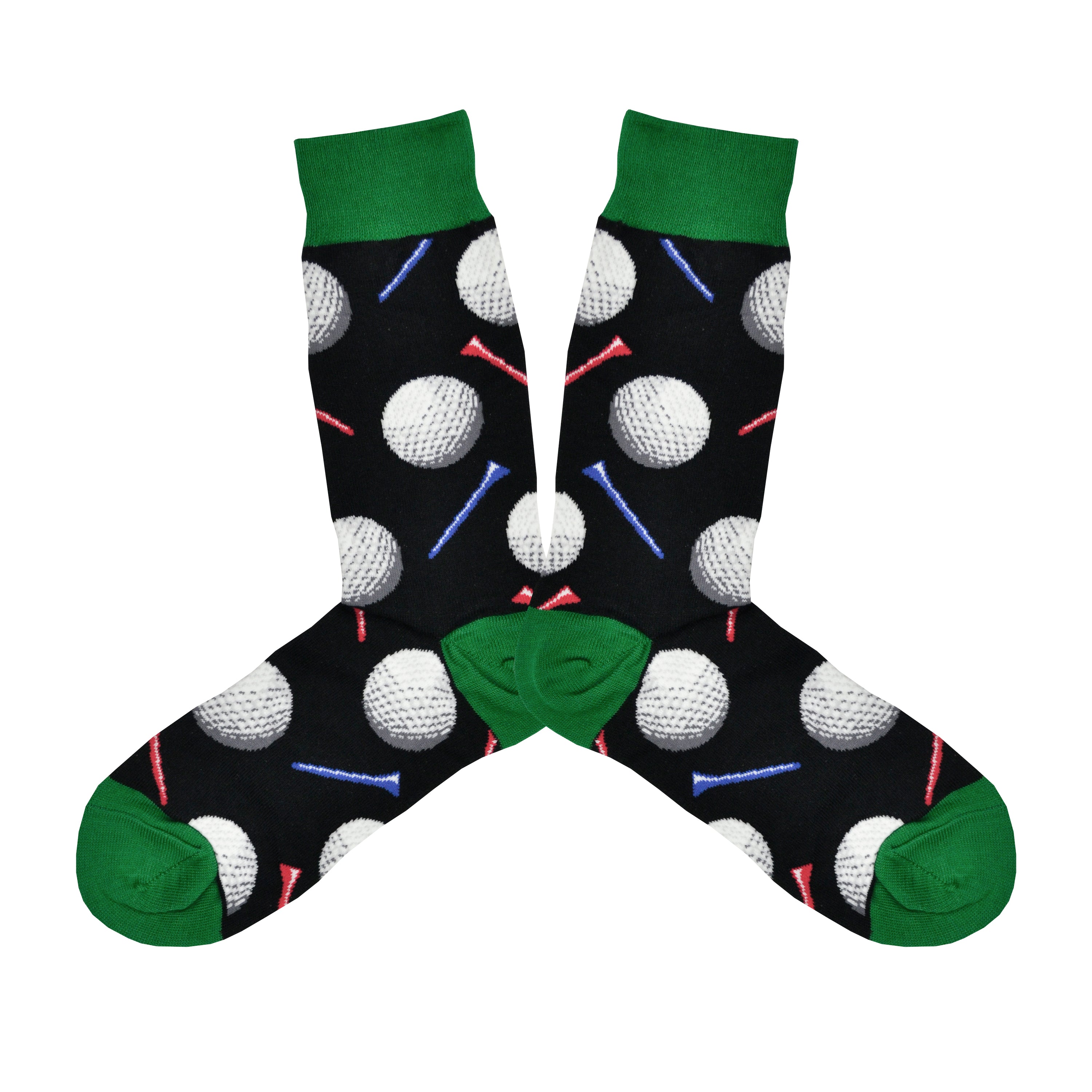Shown in a flatlay, a pair of Socksmith's black cotton men's crew socks with dark green cuff/heel/toe and all-over pattern of golf balls and tees