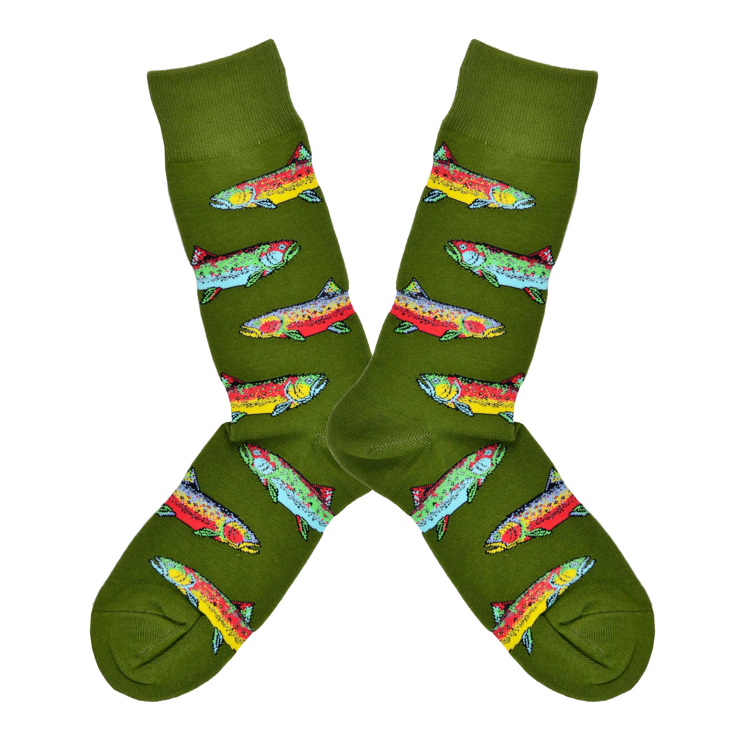 Shown in a flatlay, a pair of Socksmith brand men's cotton crew socks in parrot green with an all over motif of rainbow trout.