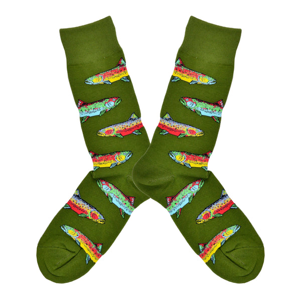 Shown in a flatlay, a pair of Socksmith brand men's cotton crew socks in parrot green with an all over motif of rainbow trout.