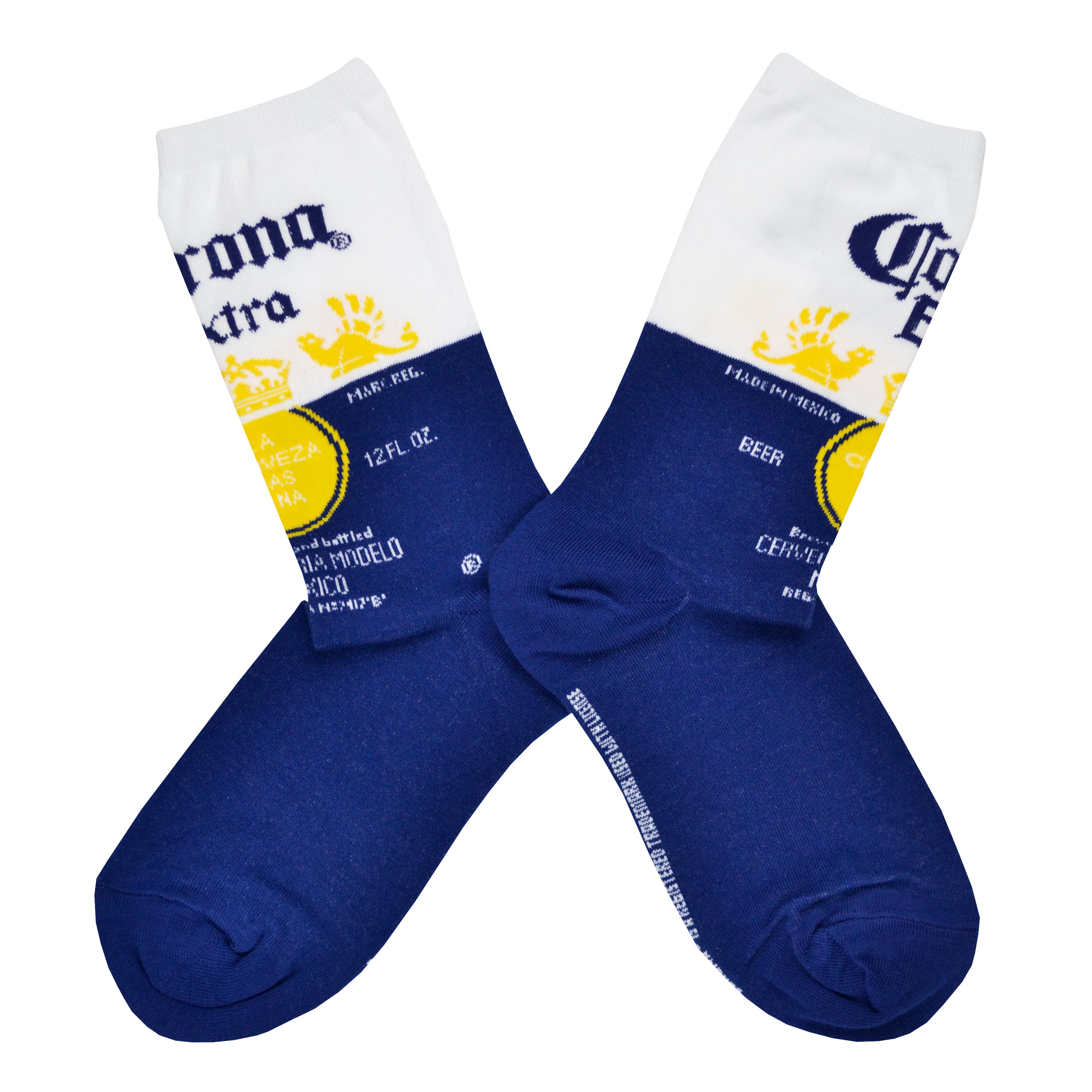 Shown in a flatlay, a pair of Sock Smith brand women's cotton crew socks in blue and white featuring the Corona Extra label on the leg.