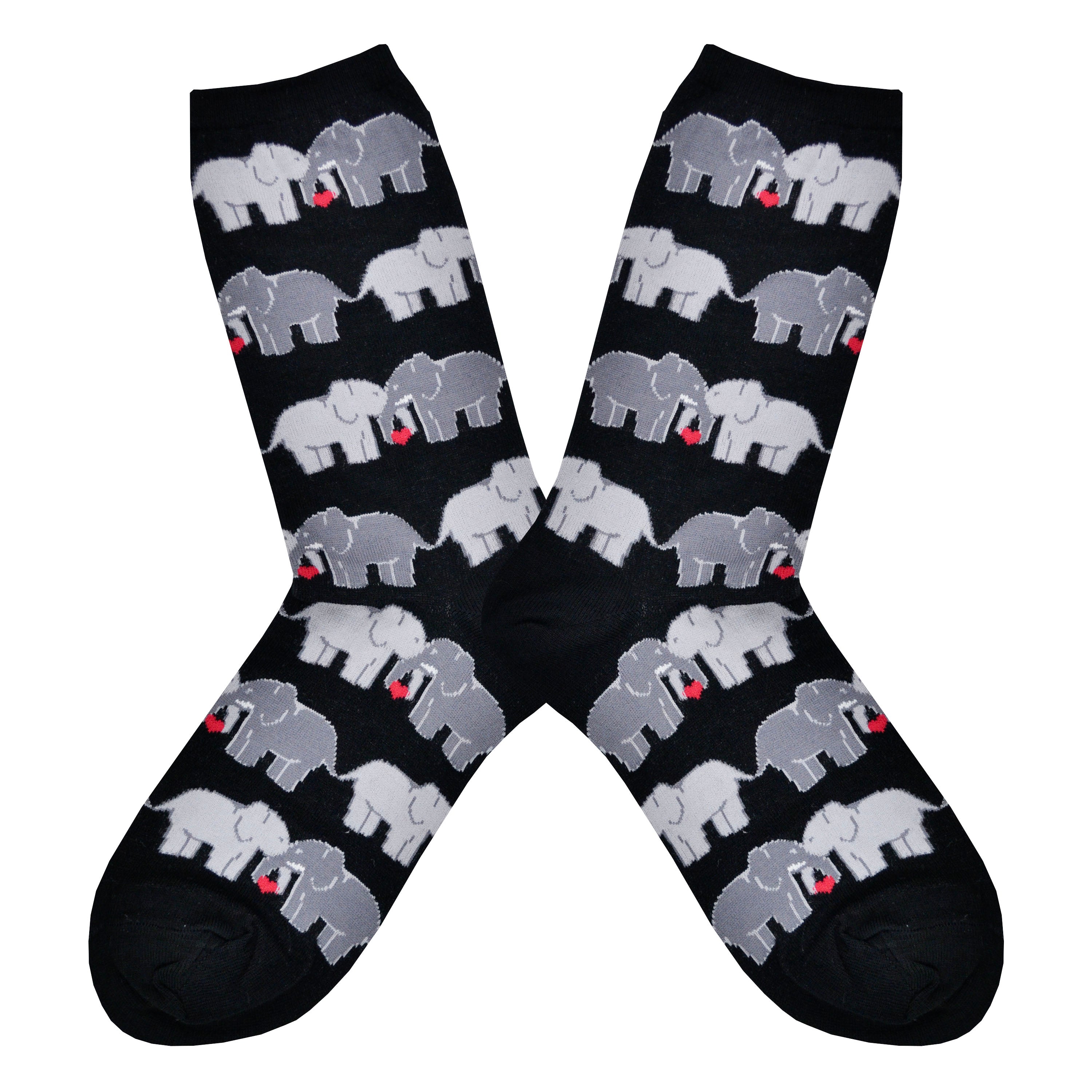 Shown in a flatlay, a pair of women's Socksmith brand cotton crew socks in black with an all over design of 2 elephants linking trunks with a little red heart between them.