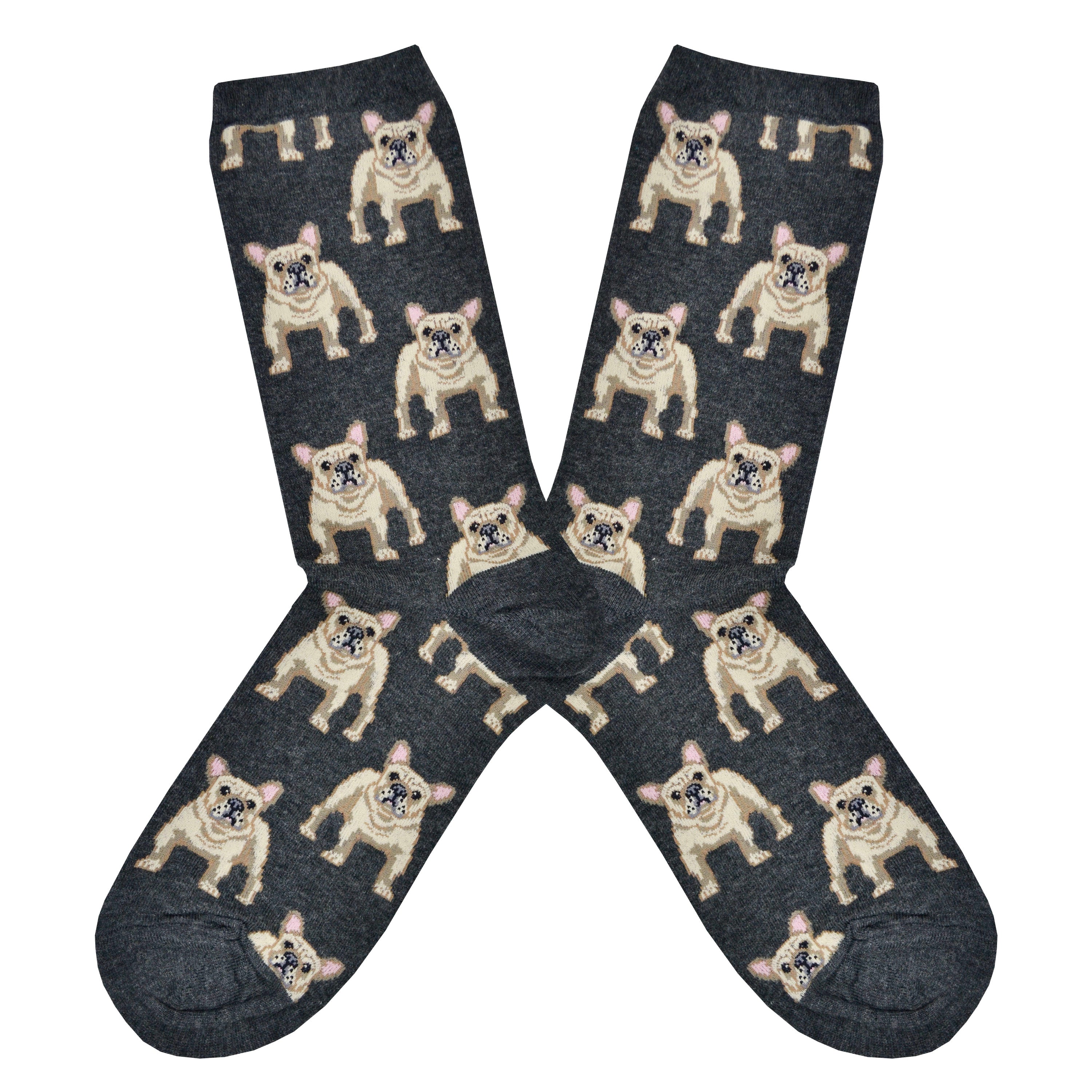 Shown in a flatlay, a pair of women's Socksmith brand cotton crew socks in grey heather. These socks feature an all over motif of blonde Frenchie dogs.