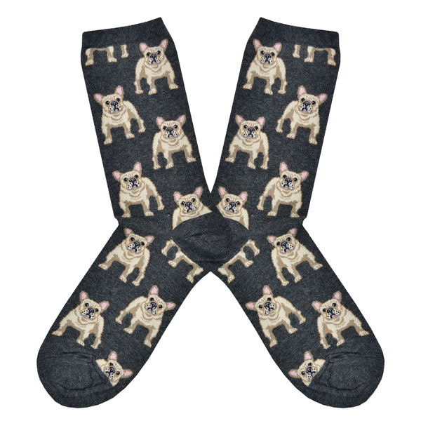 Shown in a flatlay, a pair of women's Socksmith brand cotton crew socks in grey heather. These socks feature an all over motif of blonde Frenchie dogs.