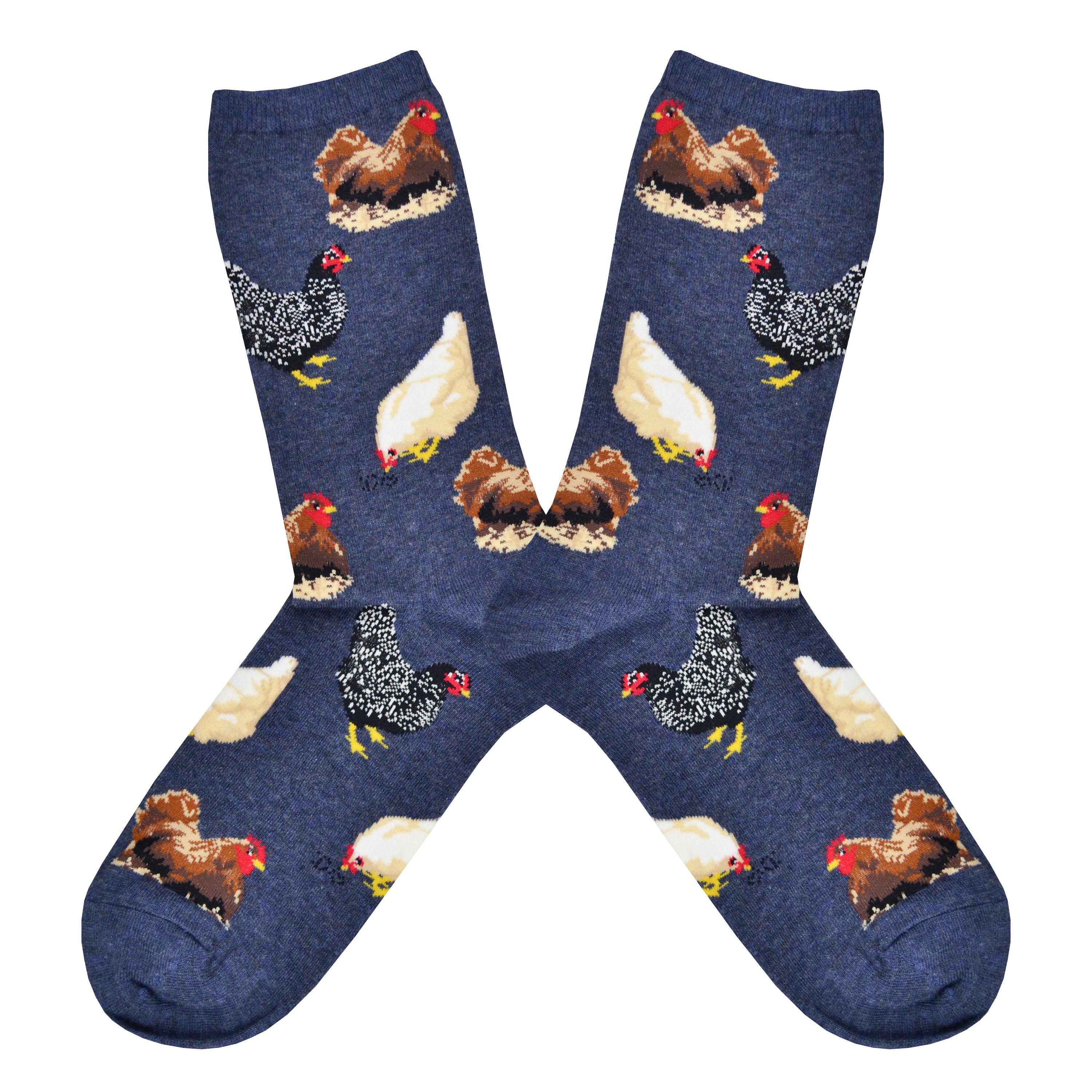 Shown in a flatlay, a pair of Socksmith brand women's cotton crew sock in navy with multi-colored hens all over the sock.