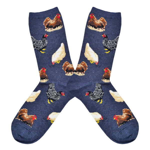 Shown in a flatlay, a pair of Socksmith brand women's cotton crew sock in navy with multi-colored hens all over the sock.