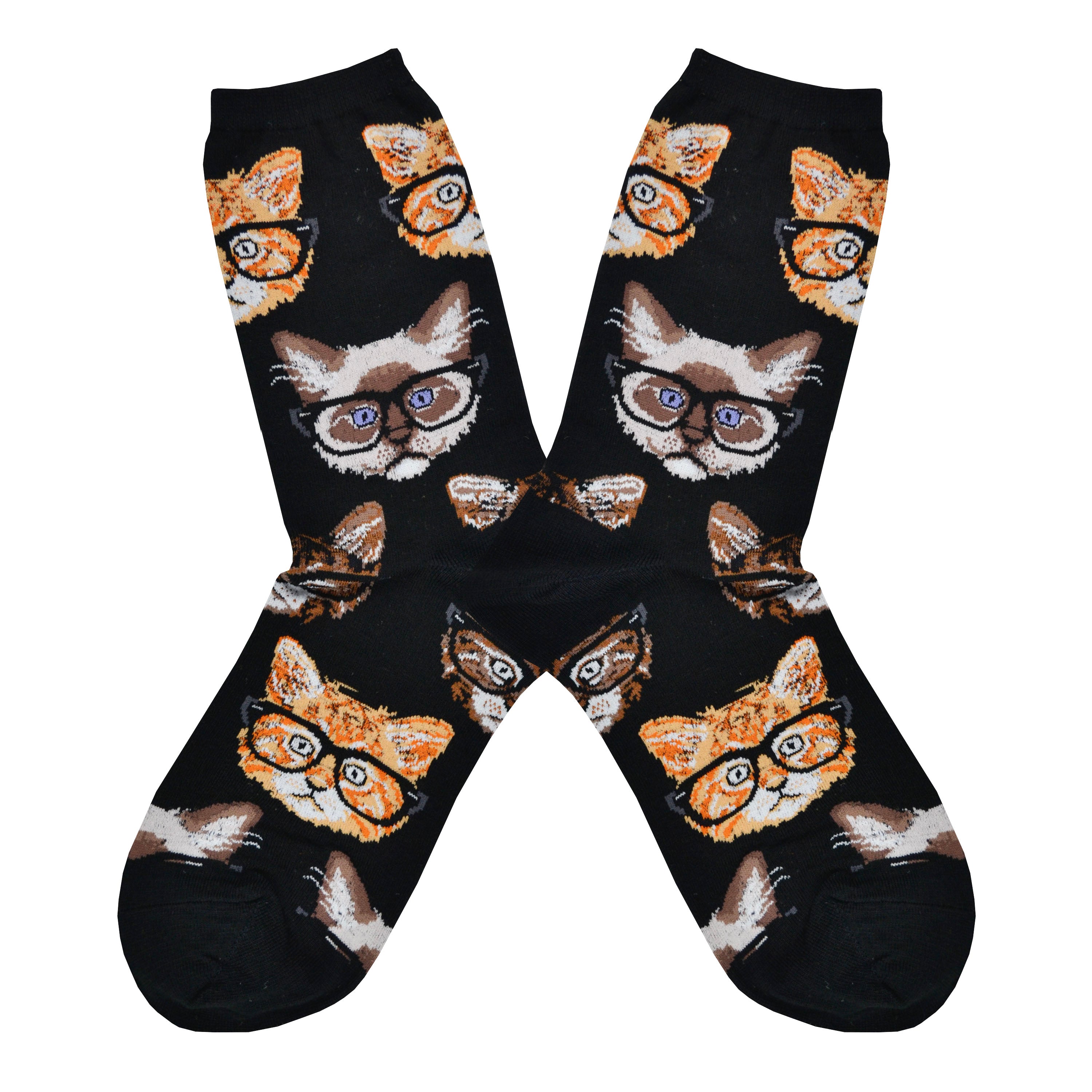 Shown in a flatlay, a pair of black socks with different types of cat faces wearing black rimmed 