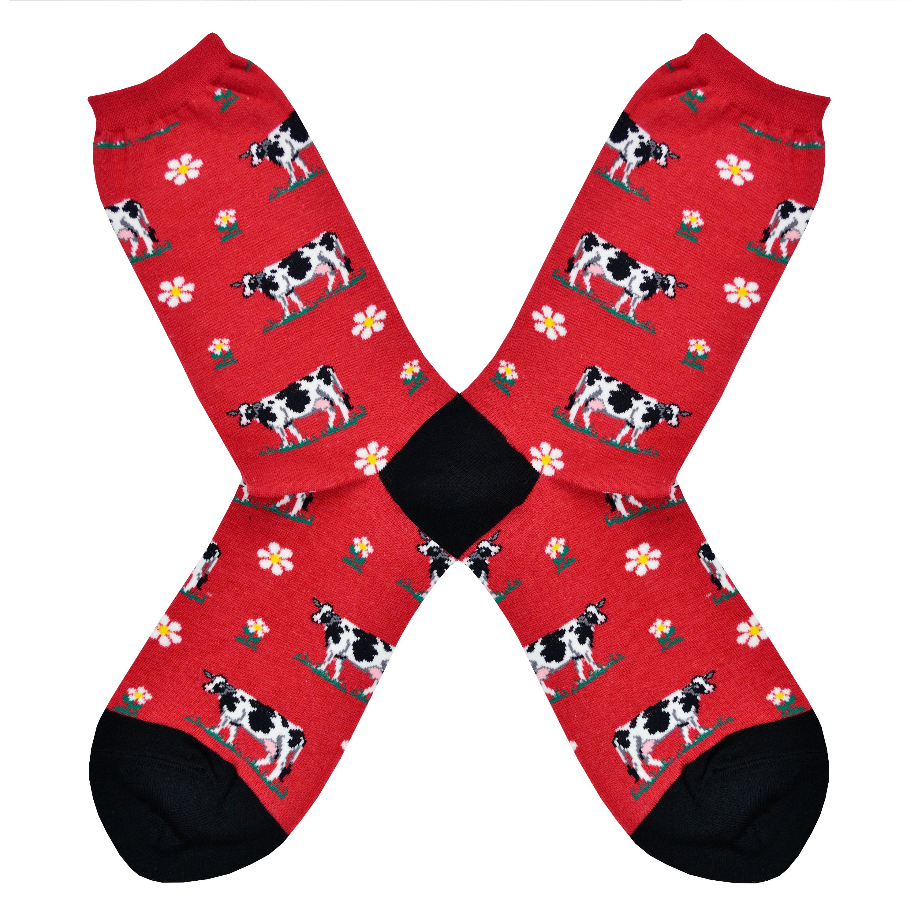 Shown in a flatlay, a pair of women red crew socks with a black heel and toe. The socks feature an all over design off black and white cows and little daisy's. 