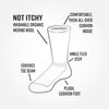 an informative graphic depicting a sock with text around it that says "not itchy, washable organic merino wool" and "comfortable, thick all-over cushion inside" and "covered toe seam" "ankle flex step" and "plush cushion foot"