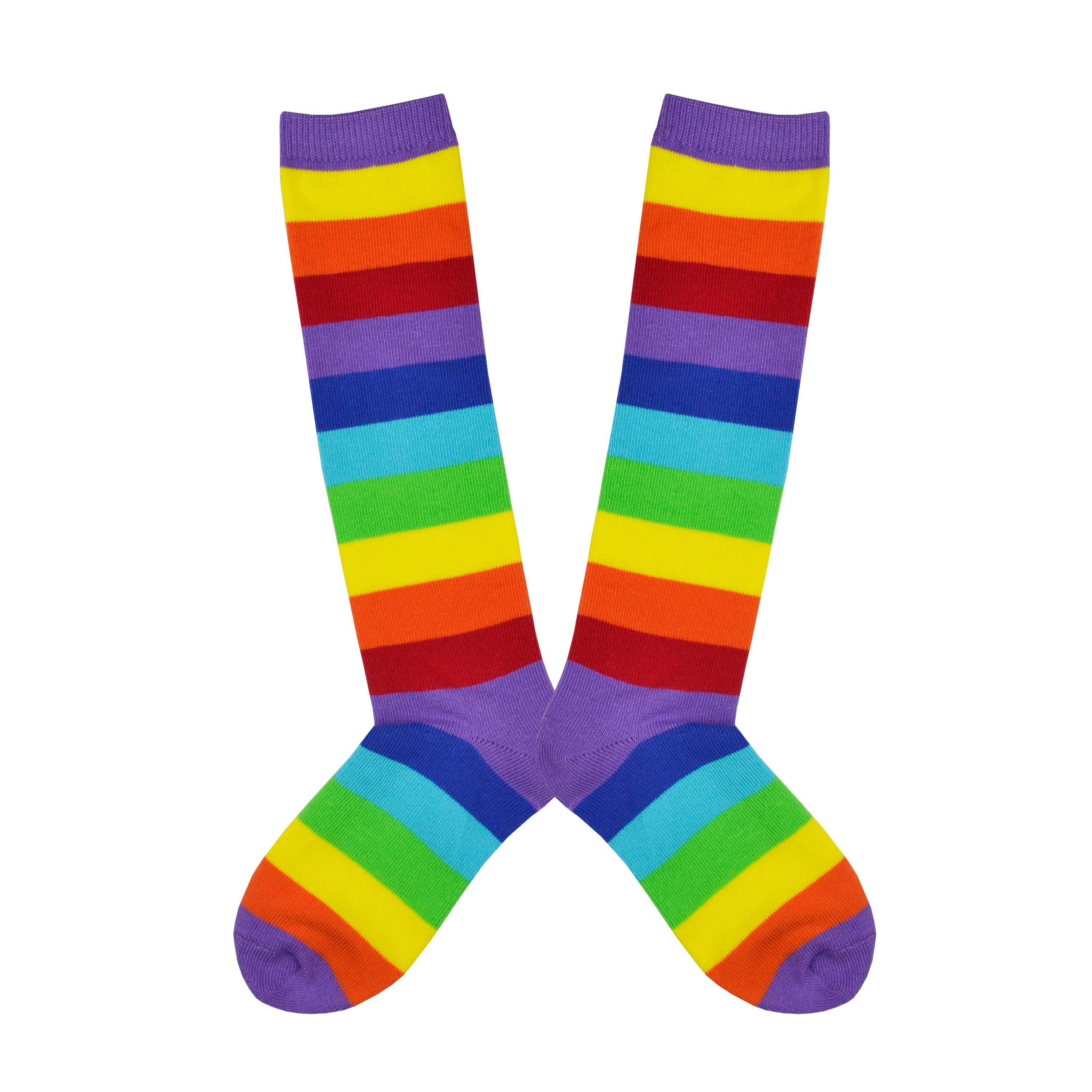 Shown in a flatlay, a pair of children's knee high Sock it to Me brand cotton socks with a purple heel, toe, and cuff. The rest of the sock is a classic rainbow stripe in yellow, orange, red, purple, indigo, blue, and green.