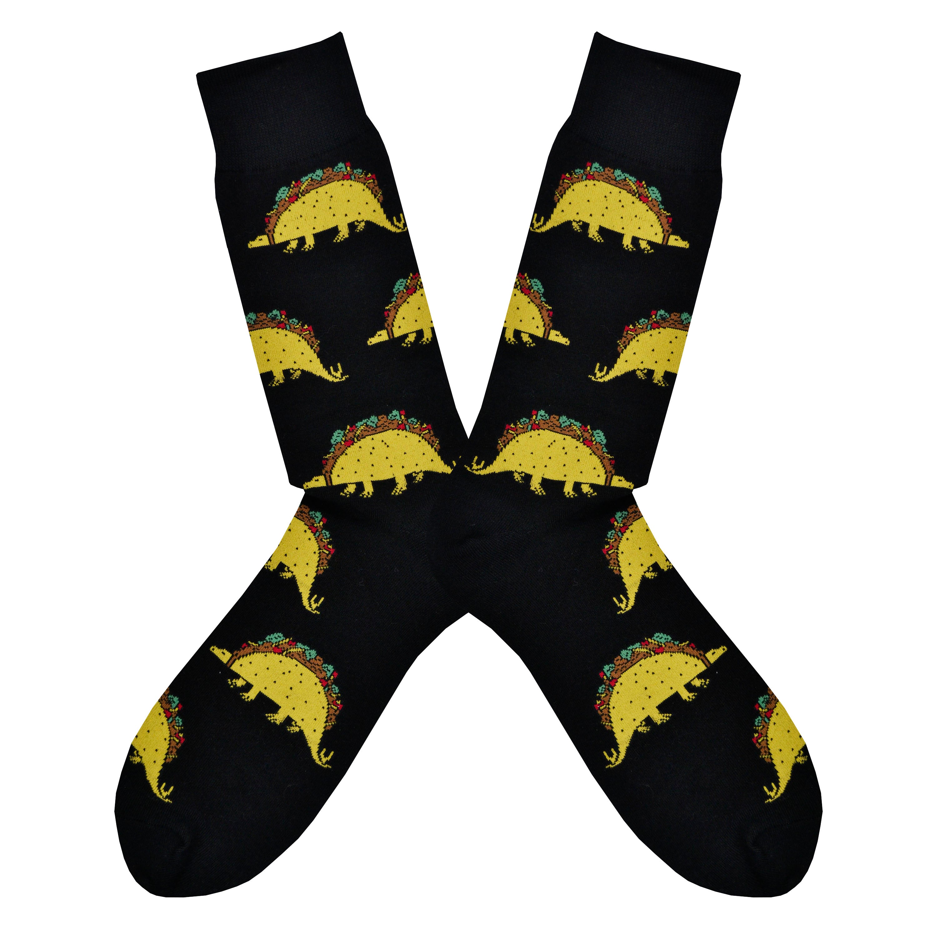 These black cotton men's crew socks by the brand Sock It To Me feature dinosaurs with bodies that look like a taco.