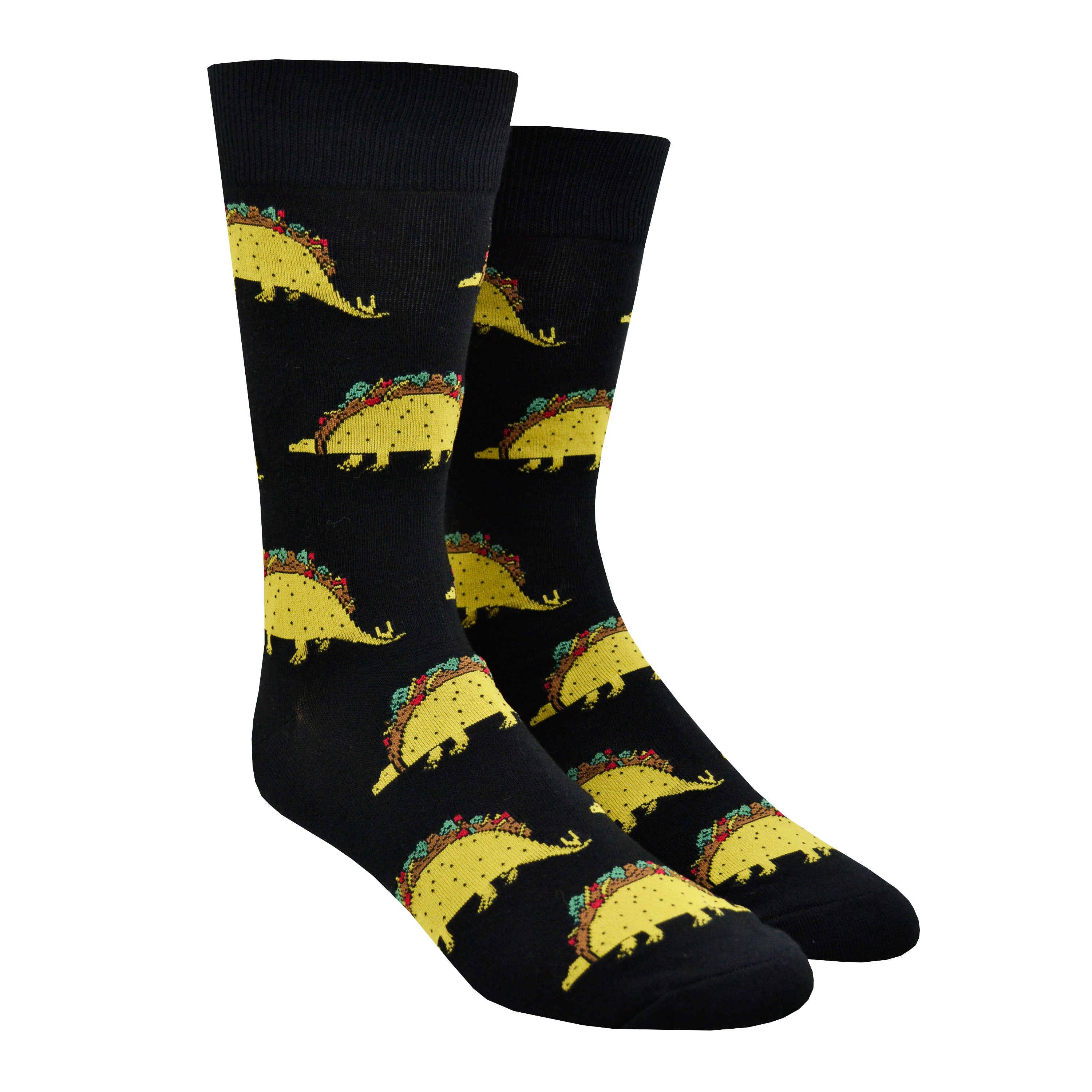 Shown on a leg form, these black cotton men's crew socks by the brand Sock It To Me feature dinosaurs with bodies that look like a taco.