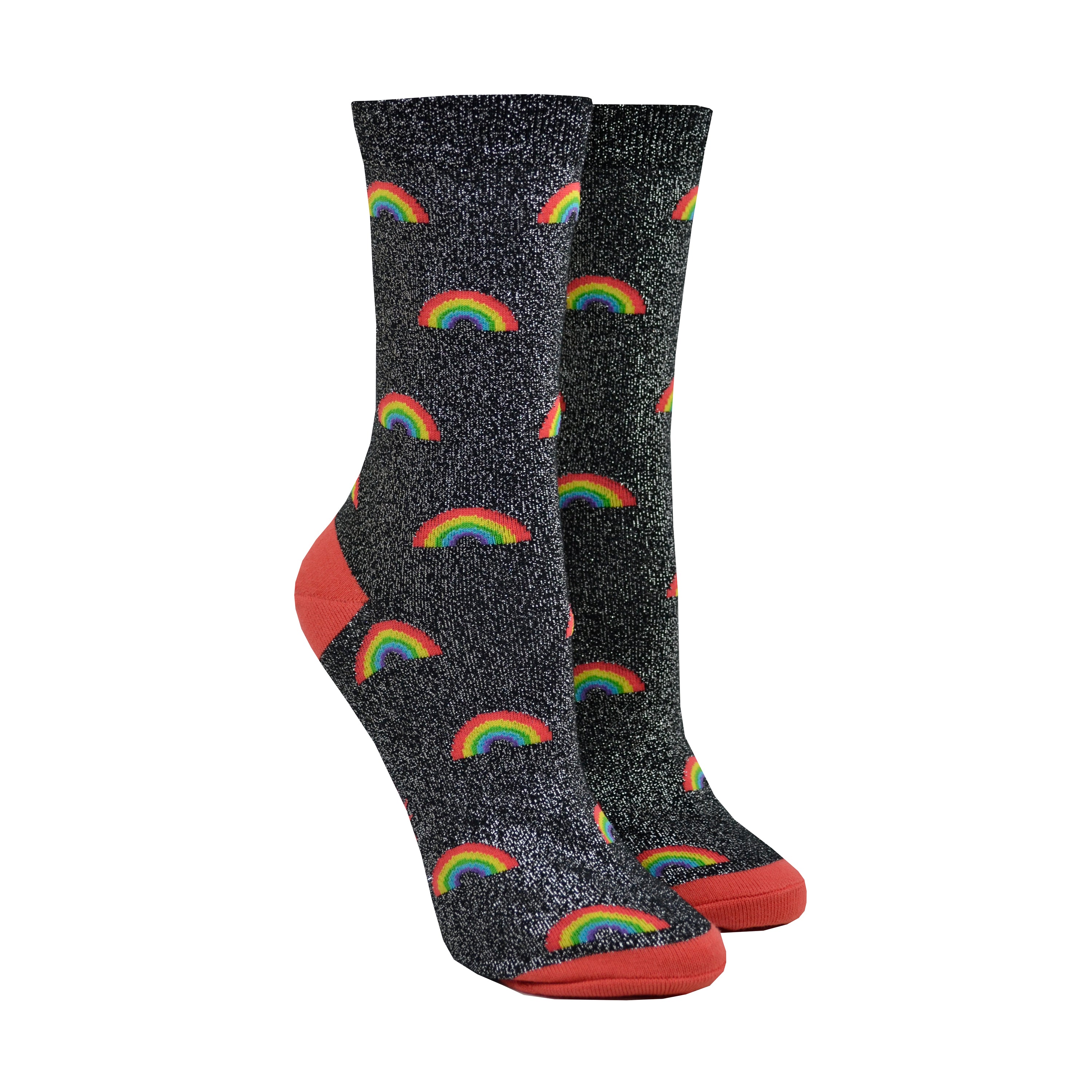 Shown on leg forms, a pair of women's Sock it to Me cotton sparkle crew socks in black with a red heel and toe and an all over glitter rainbow motif.