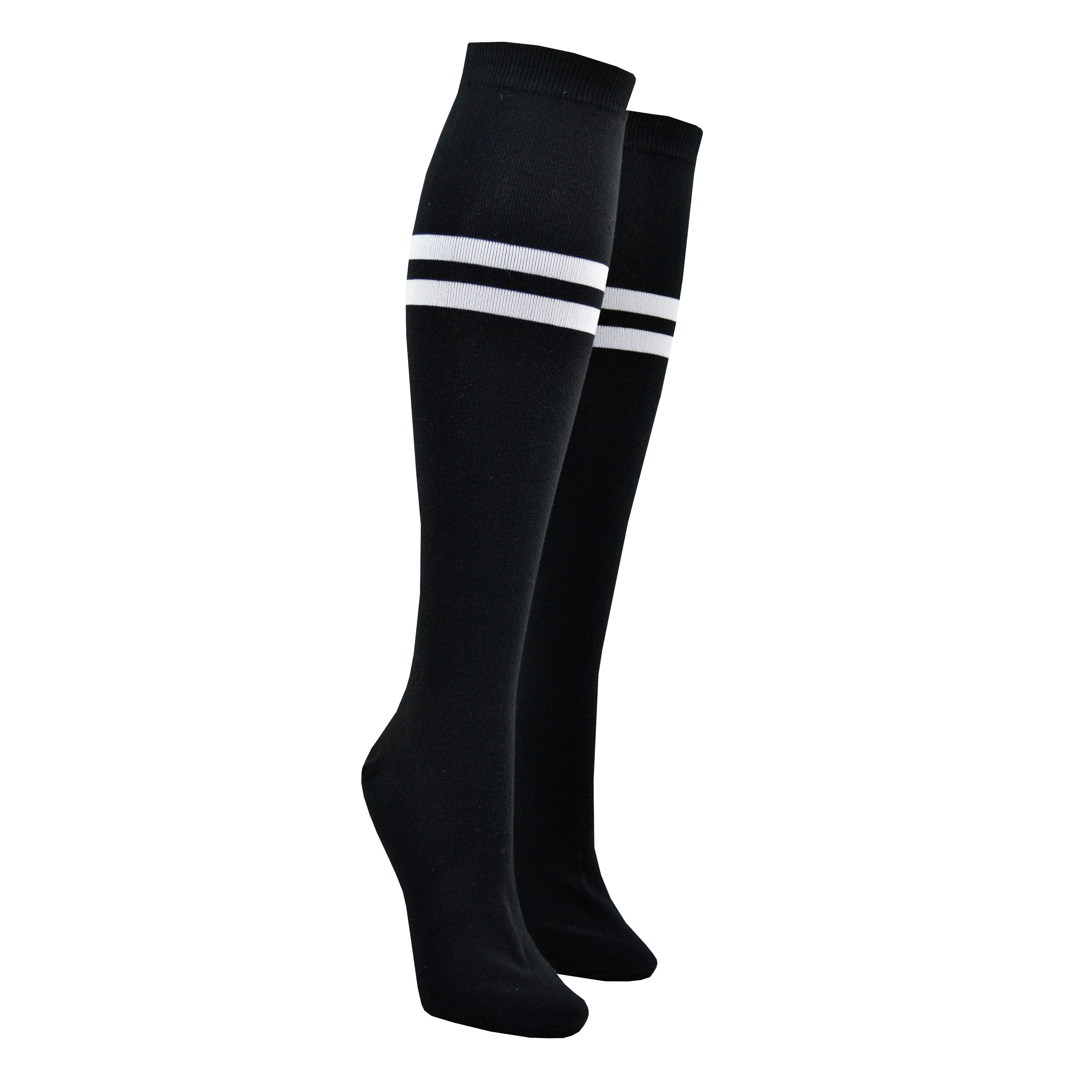 Shown on leg forms, a pair of Sock It To Me brand unisex cotton knee high socks in black with two white stripes around the calf. the back of the sock features a white arrow pointing up to the wearer and says, 