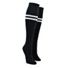 Shown on leg forms, a pair of Sock It To Me brand unisex cotton knee high socks in black with two white stripes around the calf. the back of the sock features a white arrow pointing up to the wearer and says, "BAD ASS".