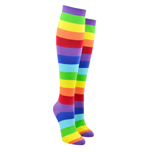 Shown on leg forms, a pair of Sock it to Me brand Stretch-It cotton knee high socks with an all around rainbow stripe. The heel, toe, and cuff are done in purple while the red of the sock is classic ROYGBIV rainbow.