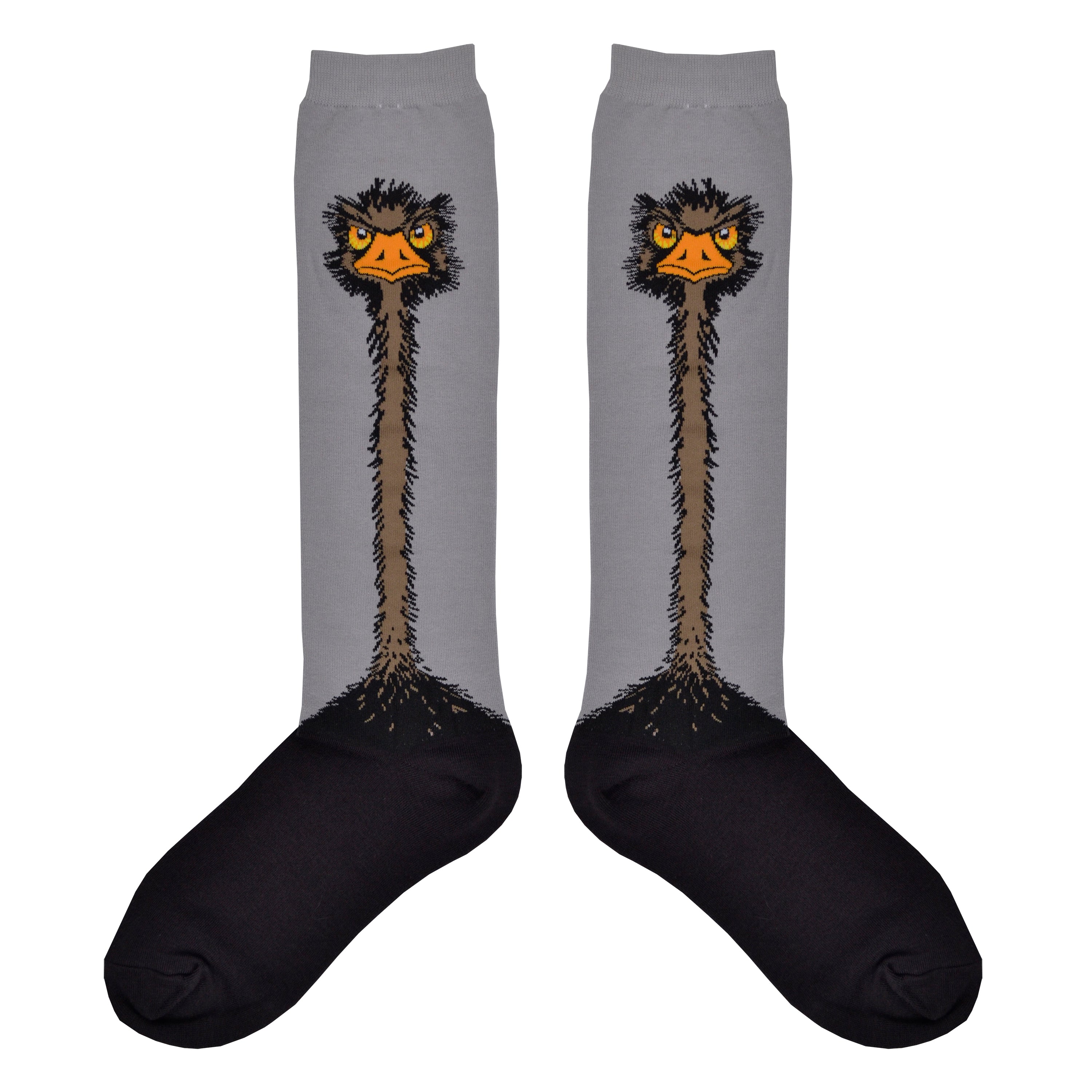 Shown in a flatlay, a pair of Sock It To Me brand Stretch It cotton knee high socks in grey and black. The leg of the sock is grey with a cartoon ostrich design going down the leg and transitioning into the black foot of the sock.