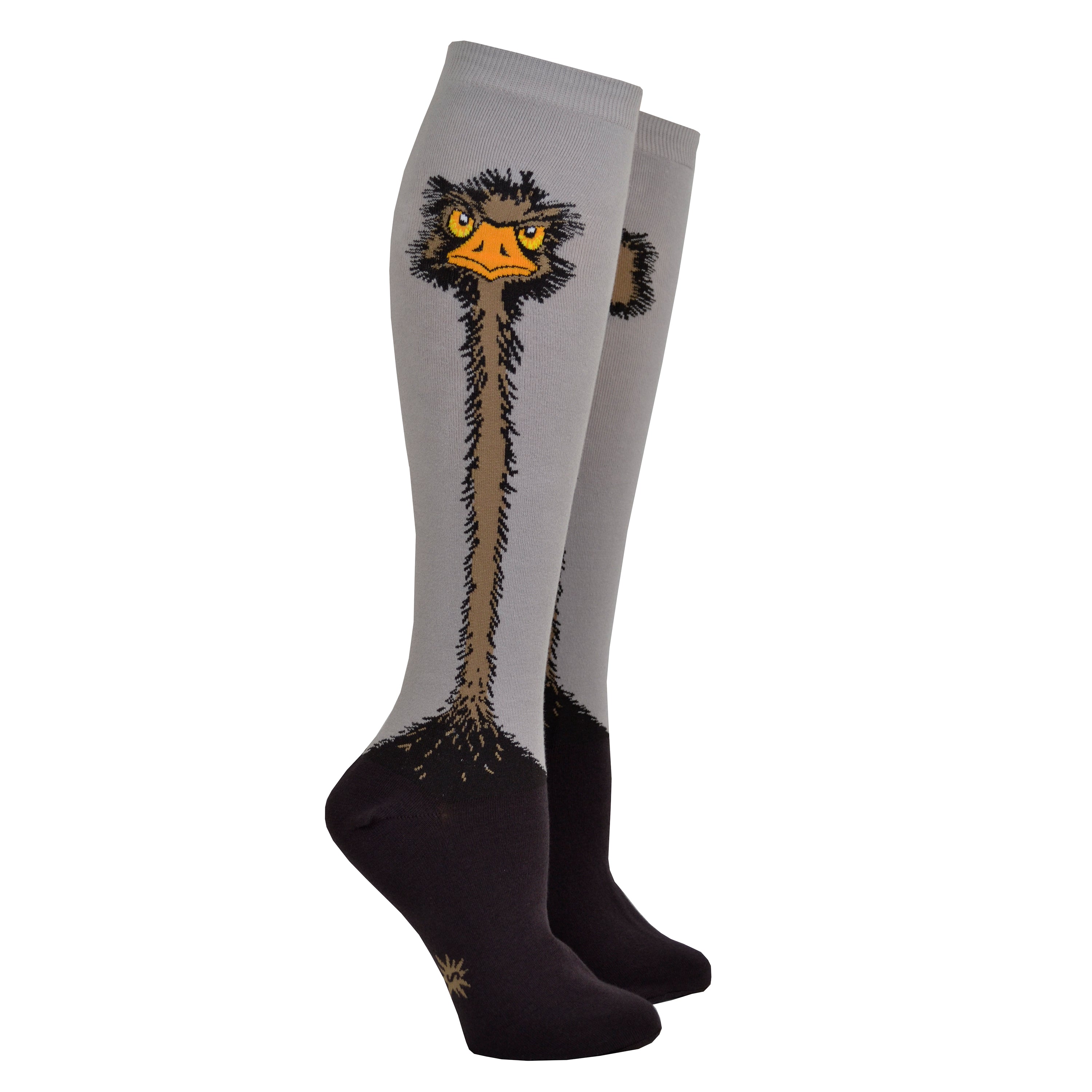 Shown on leg forms, a pair of Sock It To Me brand Stretch It cotton knee high socks in grey and black. The leg of the sock is grey with a cartoon ostrich design going down the leg and transitioning into the black foot