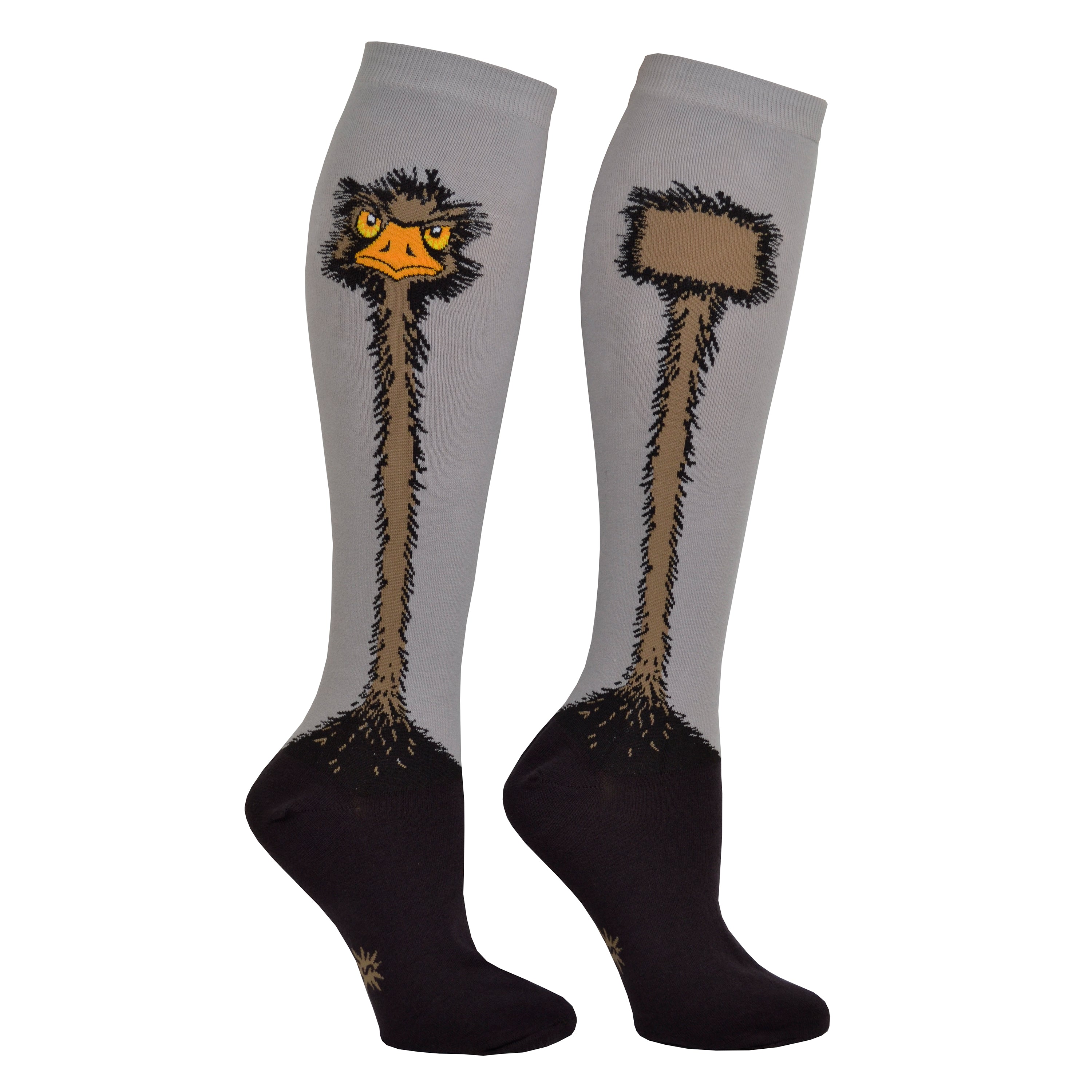 Shown on two leg forms, a pair of Sock It To Me brand Stretch It cotton knee high socks in grey and black. The leg of the sock is grey with a cartoon ostrich design going down the leg and transitioning into the black foot