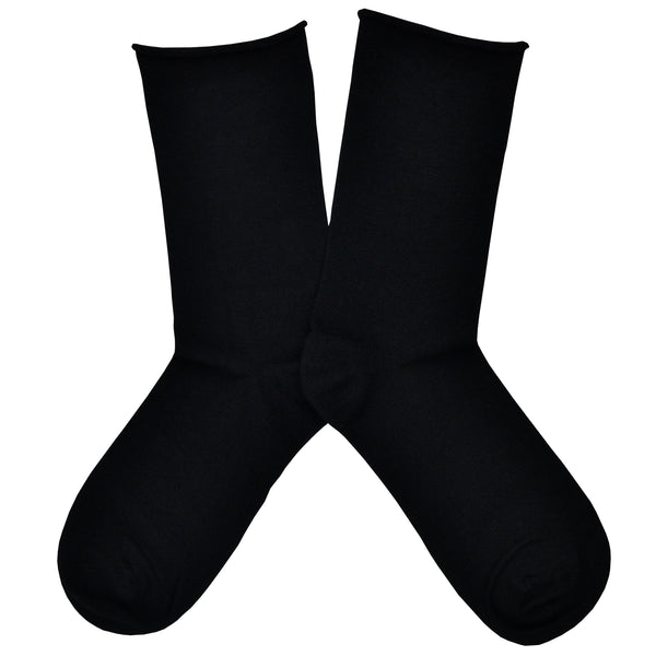 Shown in a flatlay, a pair of Socksmith brand women's bamboo crew roll-top socks in black.