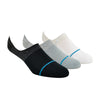 Shown on leg forms, three pairs of Stance cotton men’s ped socks in gray, white and black