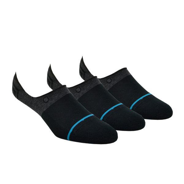 Shown on leg forms, three pairs of Stance cotton men’s ped socks in black