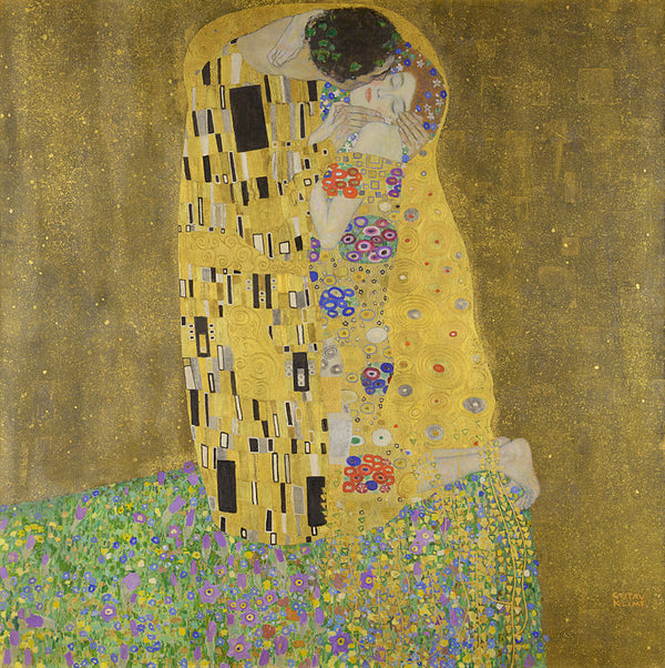 Real oil painting called “The Kiss” by Gustav Klimt that shows two lovers embracing among a complex abstract tiled pattern