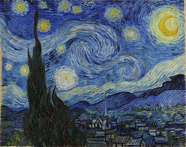 The classic masterpiece "Starry Night" painting by the Dutch Post-Impressionist painter Vincent van Gogh which depicts a swirling yellow night sky above a french village.