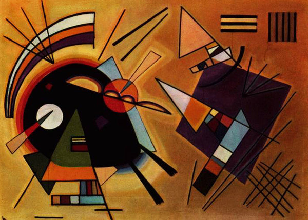 Wassily Kandinsky's 1923 abstract painting titled "Black and Violet" which depicts a series of triangles, arcs and other geometric forms.