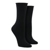 Shown on leg forms, a pair of Socksmith brand women's bamboo crew roll-top socks in black.