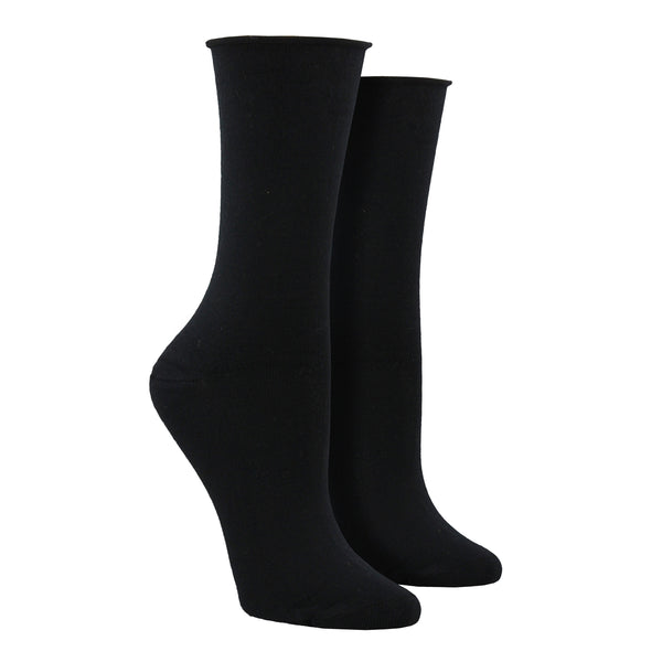 Shown on leg forms, a pair of Socksmith brand women's bamboo crew roll-top socks in black.