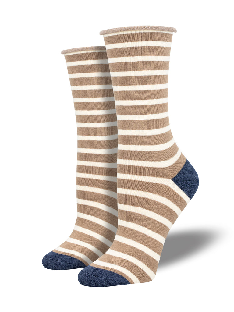 a pair of tan and white horizontal striped bamboo socks with a roll cuff and blue toe and heel on leg forms