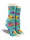 Shown on leg forms, a pair of Socksmith brand women's bamboo crew socks in aqua with a cream heel, toe, and cuff. This sock features an all over design of 90's geometric shapes in bright colors.