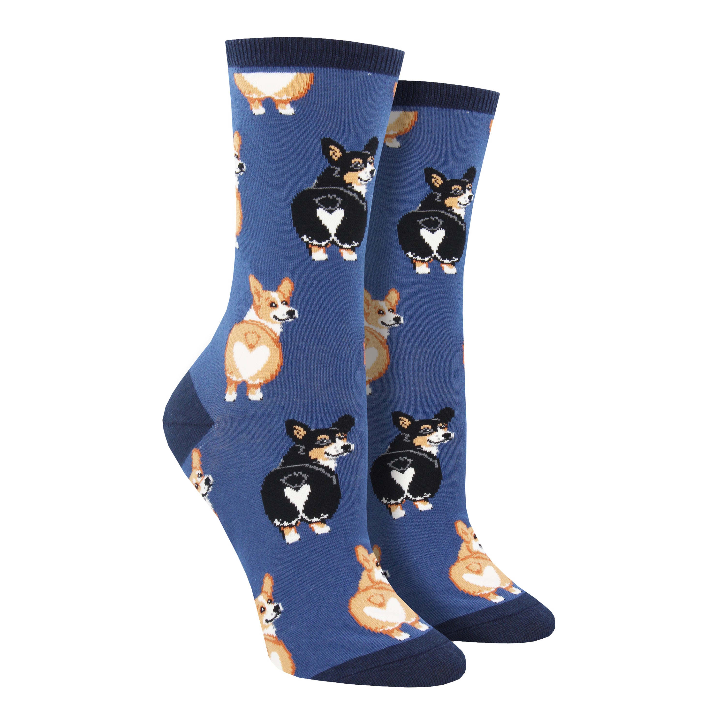 Shown on leg forms, a pair of Sock Smith brand women's cotton crew socks in blue with a navy blue heel, toe, and cuff. The sock features an all over motif of blonde and black corgi dogs with their little heart shaped butts facing out.