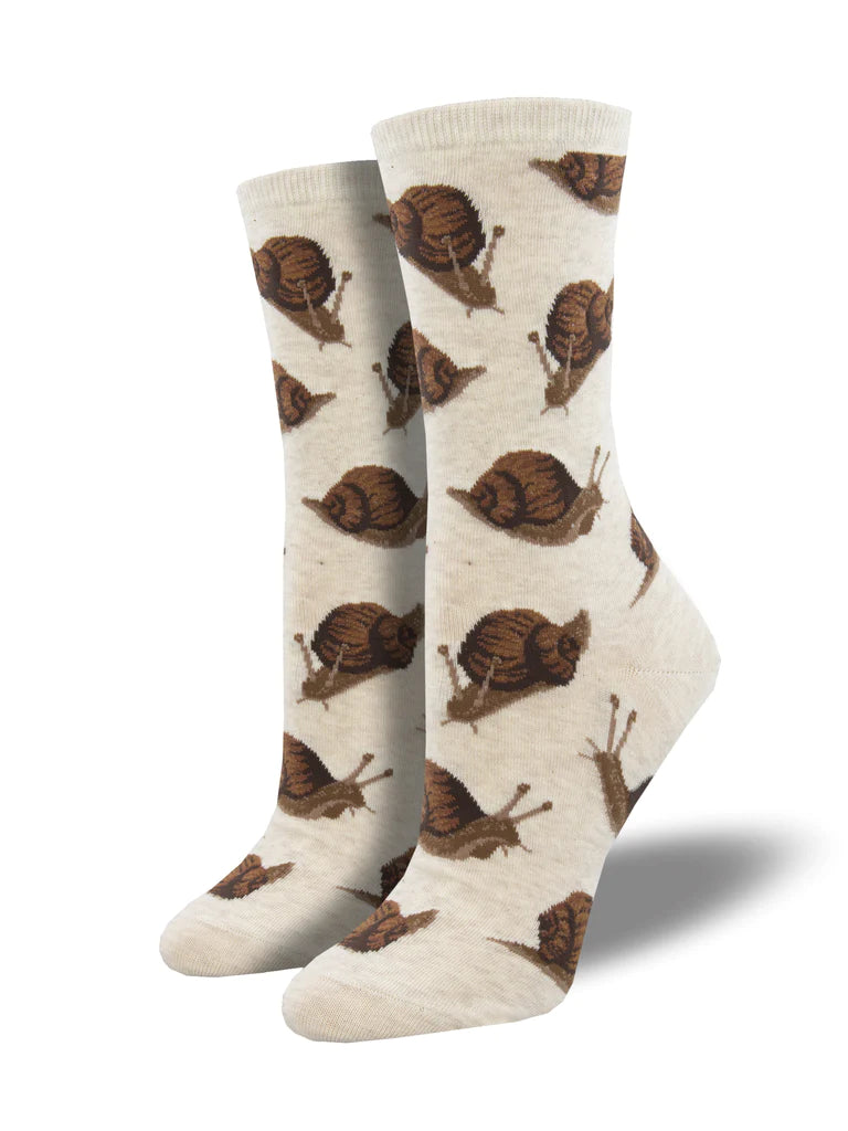 beige socks with brown snails seen on a leg form
