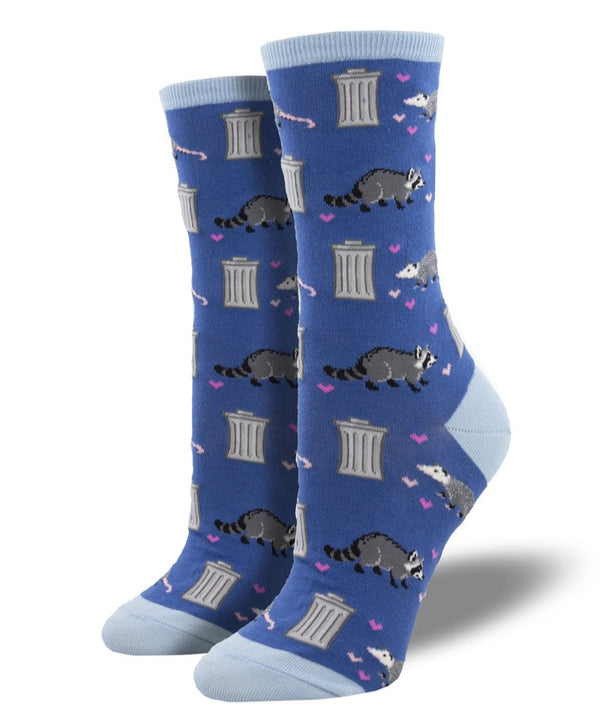 pair of blue socks on foot forms with dainty designs of raccoons and possums and trash cans with small pink hearts