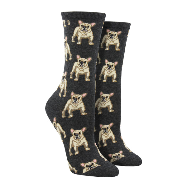 Shown on leg forms, a pair of women's Socksmith brand cotton crew socks in grey heather. These socks feature an all over motif of blonde Frenchie dogs.