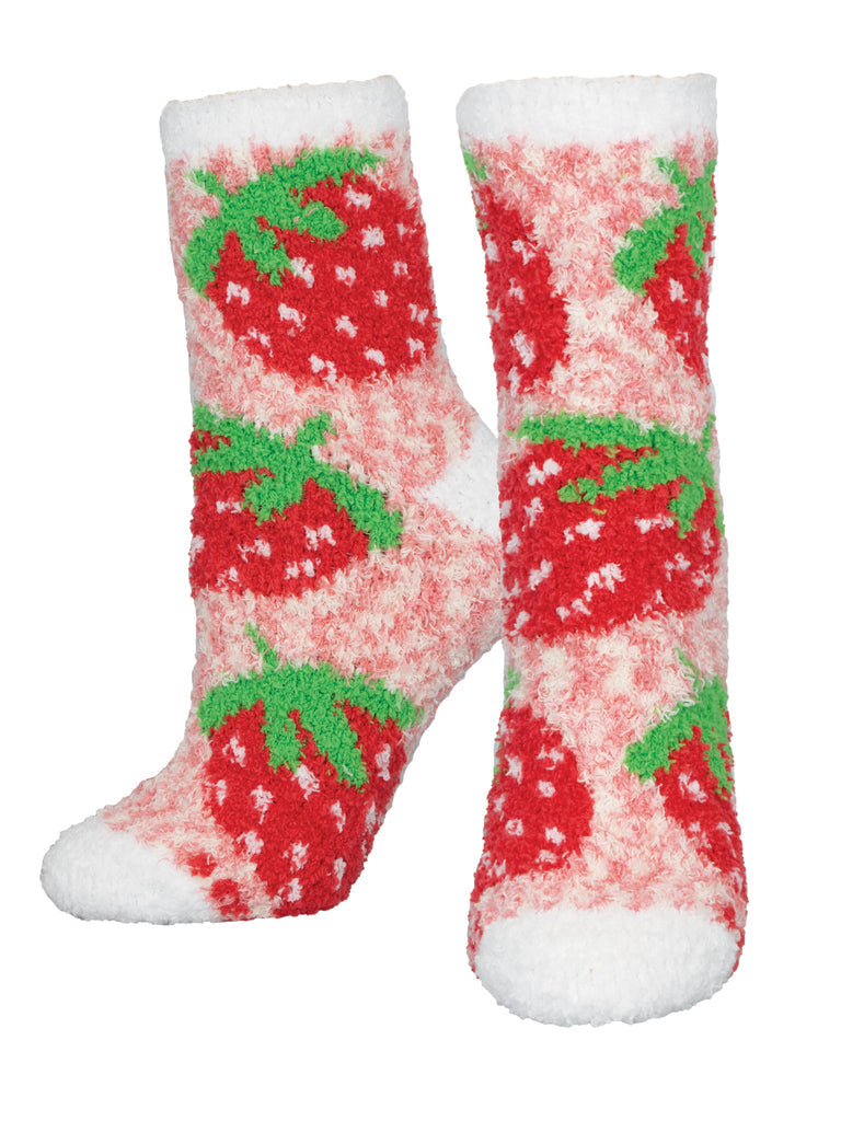 a pair of pink and white marled fuzzy socks on leg forms with a pattern of large red strawberries topped with green leaves, and a white toe, heel and cuff