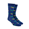 Shown on a foot form, a pair of Yellow Owl Workshop’s navy blue nylon-cotton men's crew socks with mallard duck and “Fuck Off” words in an all over pattern