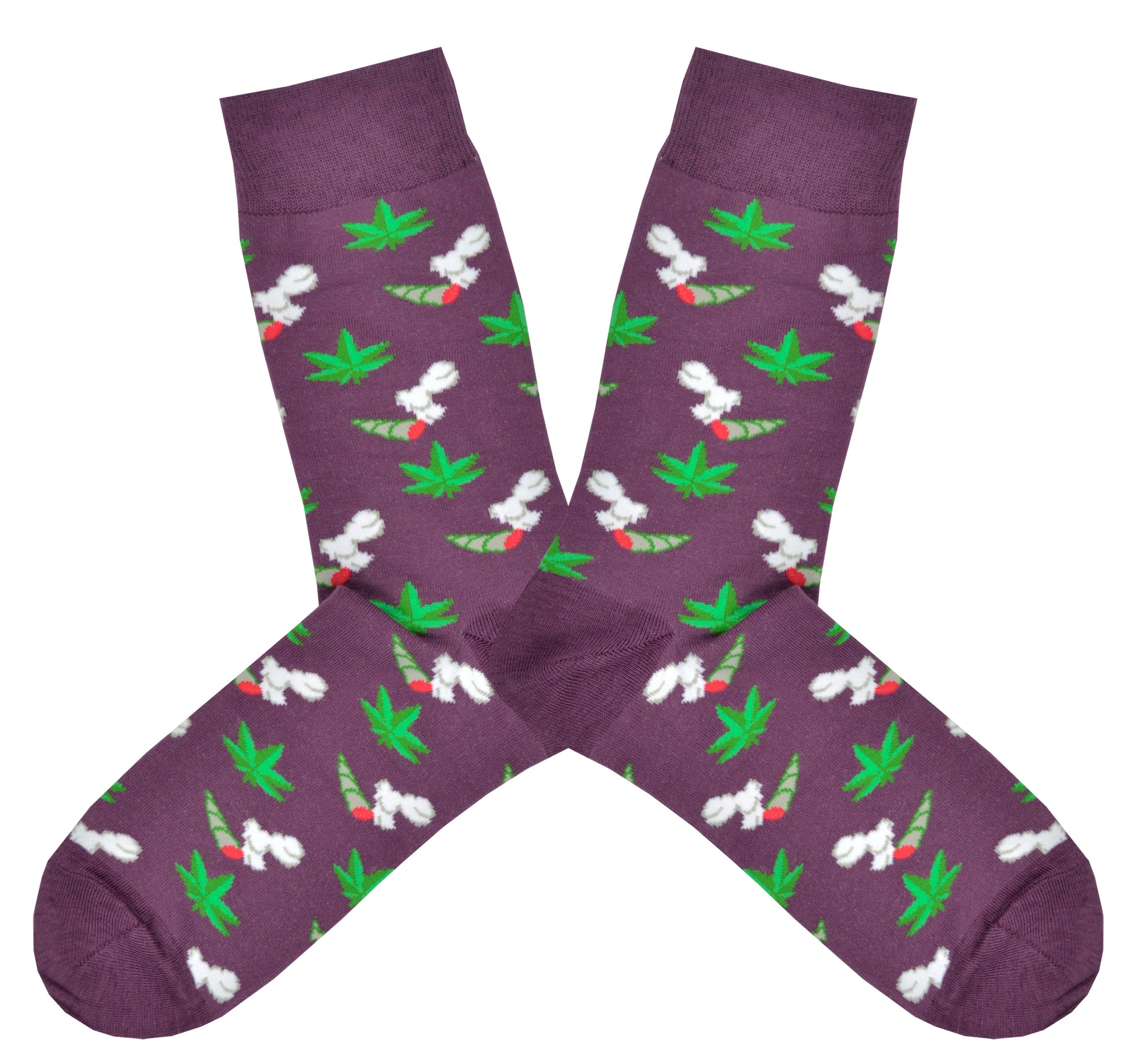 Shown in a flatlay, a pair of Yellow Owl Workshop men's nylon and cotton crew socks in purple with an all over design of green marijuana plants and smoking joints.